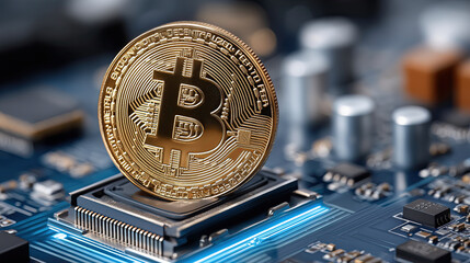 Golden cryptocurrency coin stands prominently on circuit board, symbolizing fusion of finance and technology in digital age