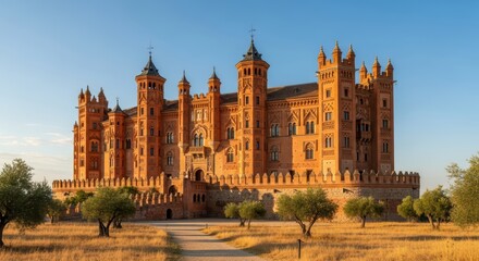Fototapeta premium Majestic brick castle in serene meadow with olive trees at sunset