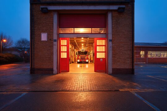 Fire Station Door at Dusk: Engine Garage in Basingstoke Fire Station