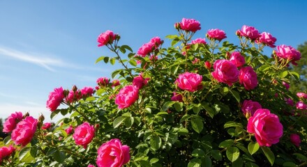 Vibrant Pink Roses Blooming Under a Clear Blue Sky