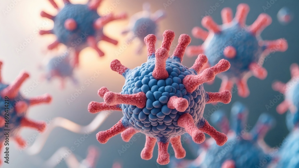 Poster an image of a virus highlighting the microscopic world. a vivid representation of a harmful agent, s
