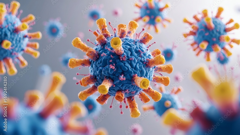 Poster a detailed macro image depicting the microscopic structure of a virus, highlighting the intricacies 