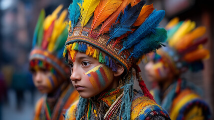 Fototapeta premium Tihar Festival Nepal – Children in Colorful Feather Costumes Performing Street Celebrations During Hindu Festival of Lights Cultural Festivities