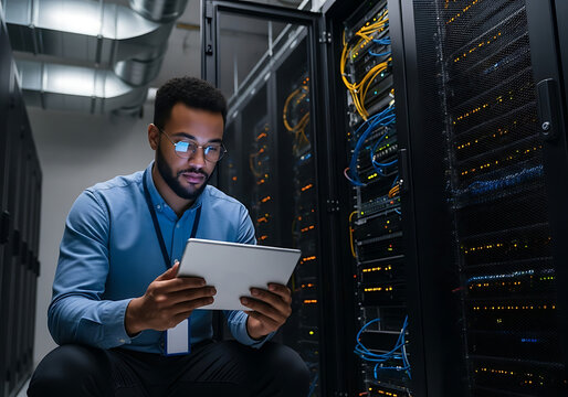 It technician examining server rack with tablet in data center
