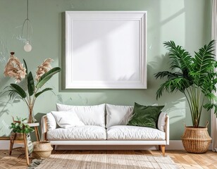 Cozy Living Room with White Sofa and Blank Frame Mockup.