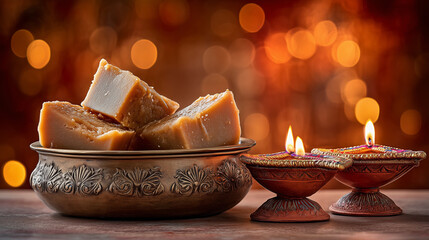 Tihar Festival Celebration – Traditional Mithai in Decorative Bowl with Diyas and Bokeh Lights Symbolizing Hindu Festival of Lights in Nepal