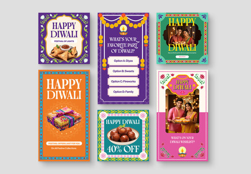 Indian Diwali Social Media Post Templates in Indian Truck Art Style for Story, Reels & Carousels