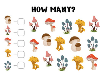 Counting activity worksheet for kids featuring colorful illustrated mushrooms