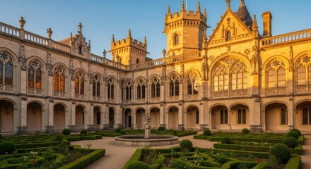 Fototapeta premium Historic gothic-style castle courtyard with garden at sunset