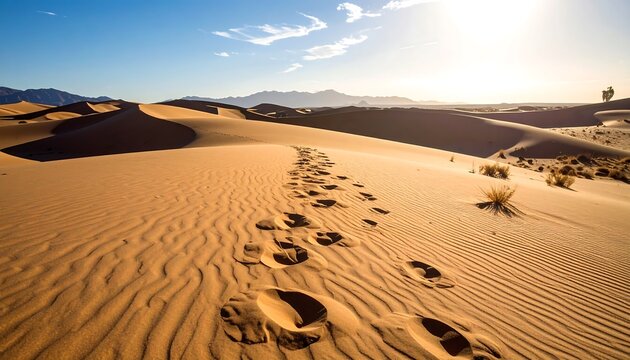 Footprints in a golden desert landscape