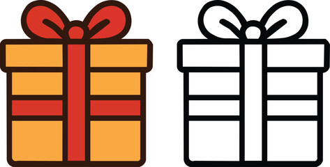 Color vs Outline Gift Box Icon – Stylized Present Illustration for Design and Print