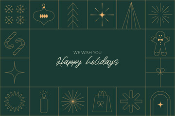 Fototapeta premium Line art Christmas card template. Outline luxury minimal festive banner design. Happy Holidays