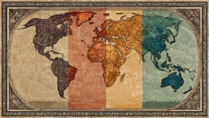Naklejka premium Vintage world map, regions colored