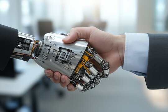 Aperto de m&atilde;o entre humano de terno e rob&ocirc; com m&atilde;o mec&acirc;nica met&aacute;lica em ambiente corporativo moderno simbolizando parceria tecnol&oacute;gica, IA generativa
