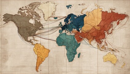 Naklejka premium Vintage world map, colored regions, numerous interconnected lines