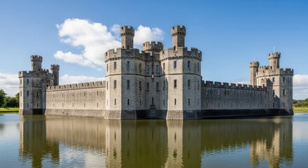 Obraz premium Majestic medieval castle with towers reflected in tranquil moat on a sunny day