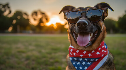 Cute German Shepherd dog in patriotic 4th of July fashion, American flag bandana, stylish sunglasses and hat, USA freedom celebration, Memorial Day party concept, humorous pet digital art.