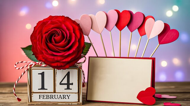Valentine’s day rose with heart decorations and february calendar date