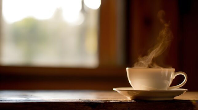 A steaming coffee cup on a rustic wooden table, bathed in soft morning light. - Powered by Adobe