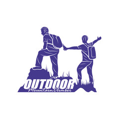 Mountain climber hiker silhouette, Hiker mountain climber adventure logo design vector template