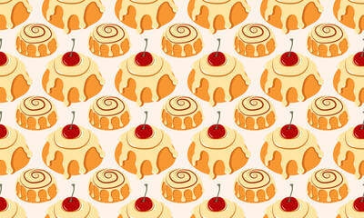 Autumn sweet seamless pattern with cinnamon rolls on light beige background. Vector illustration for cards, banners, social media