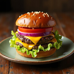 Juicy double cheeseburger with fresh lettuce tomato and onion