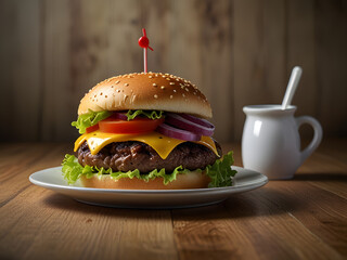 Juicy beef burger with melted cheese and fresh vegetables on a wooden table