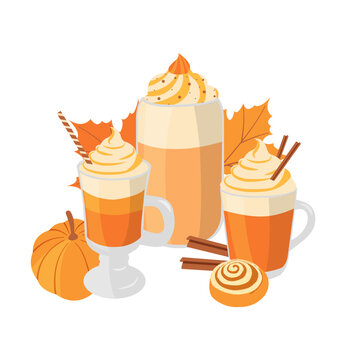Autumn collection of glasses pumpkin spice latte with cinnamon roll, leaves, pumpkin. Fall vector illustration for cards, prints, social media