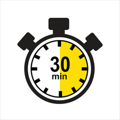 30 Minutes Timer Icon, Modern Flat Design. Clock, Stopwatch, Chronometer Showing ten Minutes Label. Cooking time, Countdown Indication
