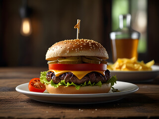 cheeseburger with fresh toppings on a sesame seed bun