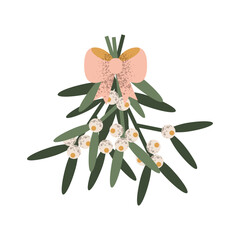 Christmas bouquet of mistletoe with a bow. Vector geometric illustration of traditional Christmas decor