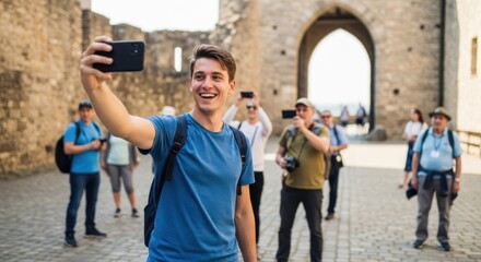 Obraz premium Young caucasian male taking selfie at historic site with tourists in background