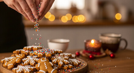 Hands Decorating Festive Gingerbread Cookies with Colorful Sprinkles