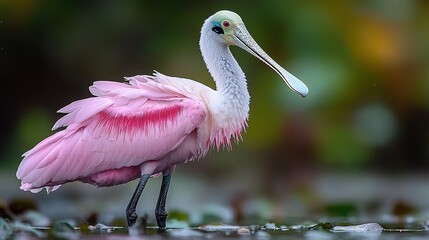 Roseate Spoonbill in Florida Marsh Standing on One Leg, Close-Up with Pink Plumage and White Beak, Shallow Depth of Field
