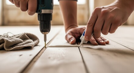 Manual screwing combined with adhesive bonding demonstrated as an effective solution for squeaky floor issues in old houses.