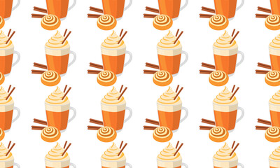 Autumn seamless pattern with pumpkin latte, wafer stick, cinnamon roll on light background. Cozy vector illustration for packaging, social media and prints
