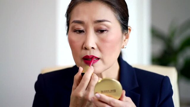 A woman applying makeup in a casual setting, reflecting self-care and confidence in her beauty routine.