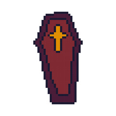 Pixel art coffin with cross in retro video game style. Spooky Halloween vector illustration for stickers, holiday merchandise, and vintage arcade-themed horror game assets