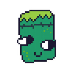 Cute pixel art Frankenstein monster with stitches and bolts. Retro Halloween vector illustration for video games, spooky merchandise, and festive holiday decorations.