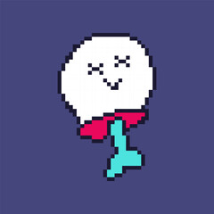 Pixel art style vector skull with bone on white background. Retro video game Halloween vector illustration for spooky designs, merchandise, and nostalgic holiday projects