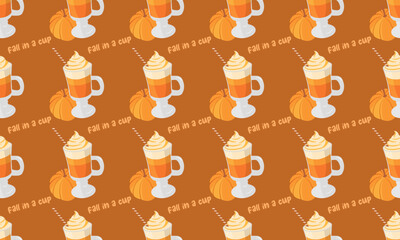 Autumn seamless pattern with pumpkin latte, pumpkin, wafer stick on brown background. Seasonal vector illustration for packaging, banners, cards and prints