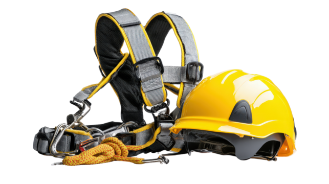 Safety harness and helmet combo background isolated on a Transparent background, PNG file.