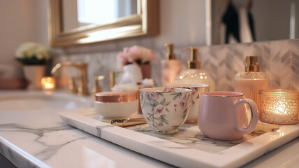 Interior of a traditional English bathroom with bath, shower, mirror, basin, candle, towel, flower, marble surface, brass fitting, and wood detail