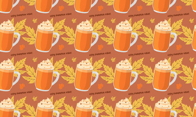Autumn seamless pattern with pumpkin latte, text, yellow leaves on beige background. Cozy vector illustration for social media posts, packaging and branding