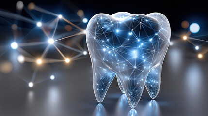 Digital representation of tooth with glowing connections symbolizes dental health and technology. This futuristic design highlights innovation