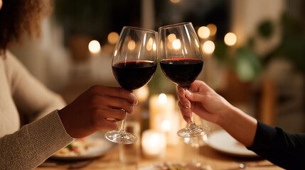 Romantic couple clinking wine glasses on Valentines dinner