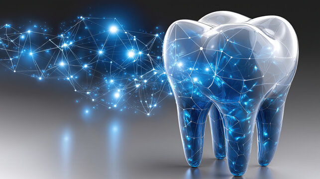 Digital tooth design with glowing connections symbolizes advanced dental technology and innovation in oral care, showcasing futuristic aesthetic