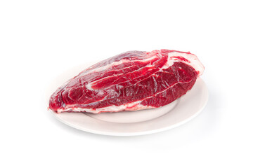 Fresh Raw Beef Cut with Tendon on White Plate Isolated Background