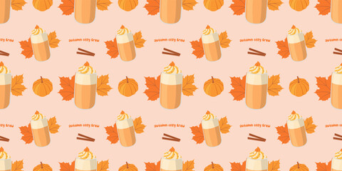 Autumn seamless pattern with pumpkin spice latte, orange leaves, pumpkin, text, cinnamon on light beige background. Cozy vector illustration for textile and wrap, festive design and print