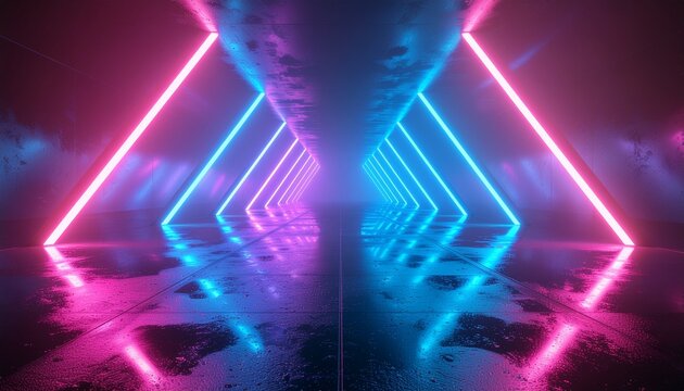 Abstract background of a futuristic gateway with repeating blue and pink neon laser light triangles over a reflective surface
